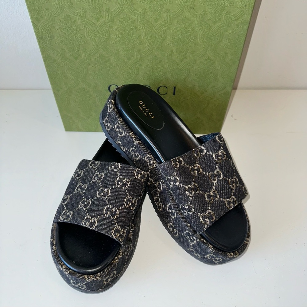 Gucci Angeline GG Jacquard Black Denim Platform Sildes sz 39 623212 UN300 1289